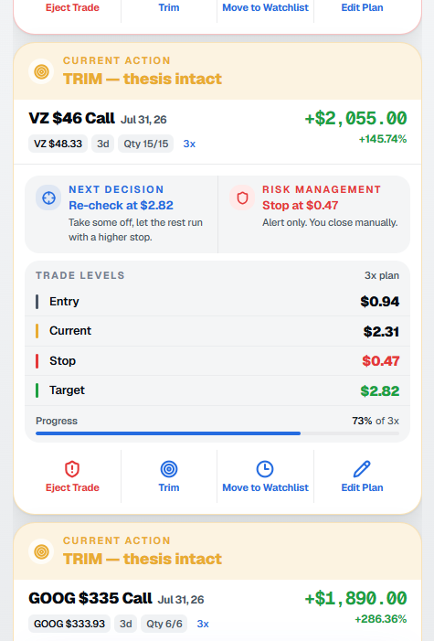 MoonshotEdge Trade Room showing live position P&L, next decision, and trade levels